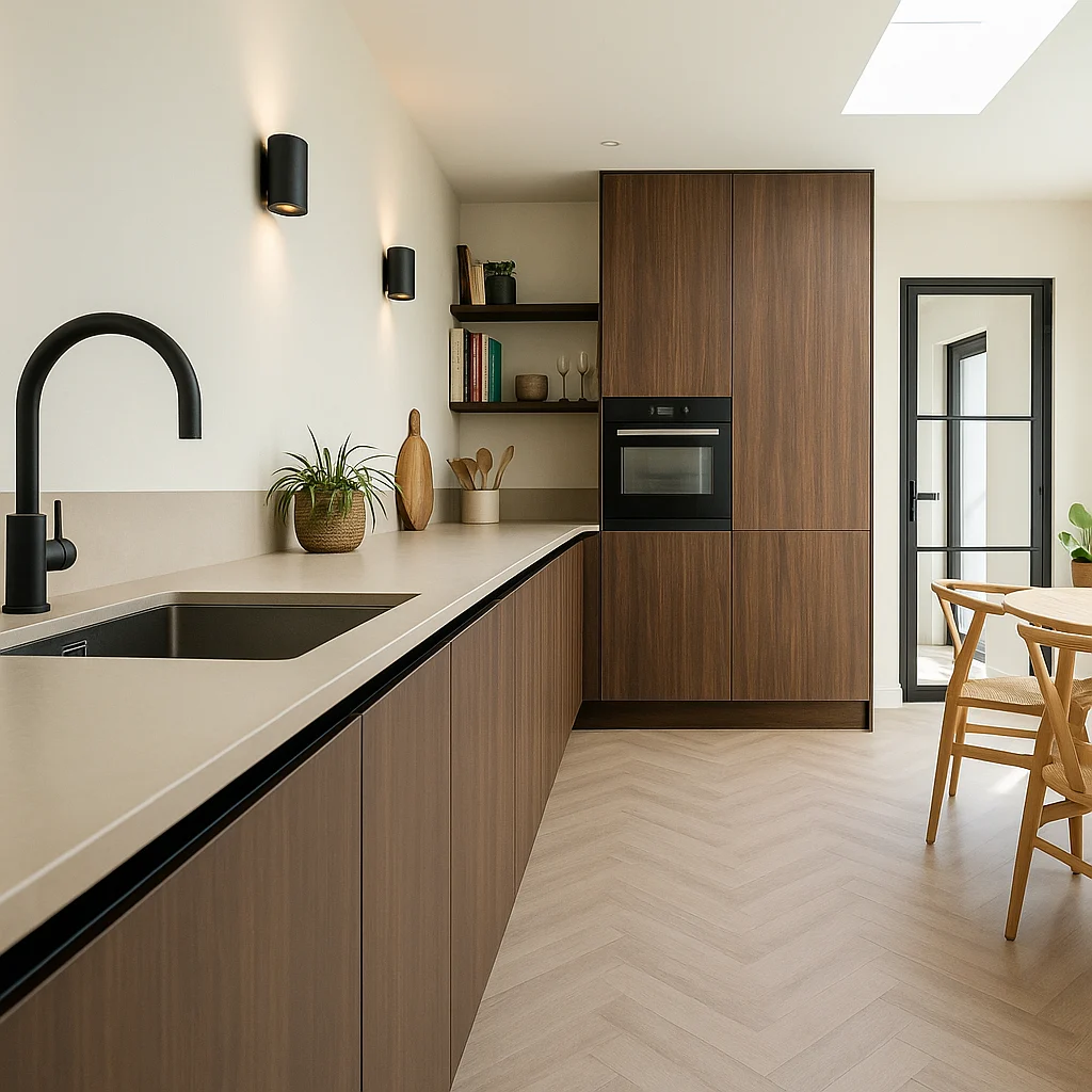 Moderne minimalistische keuken met zwart aanrecht, houten kasten, open planken en een hoge kast met oven