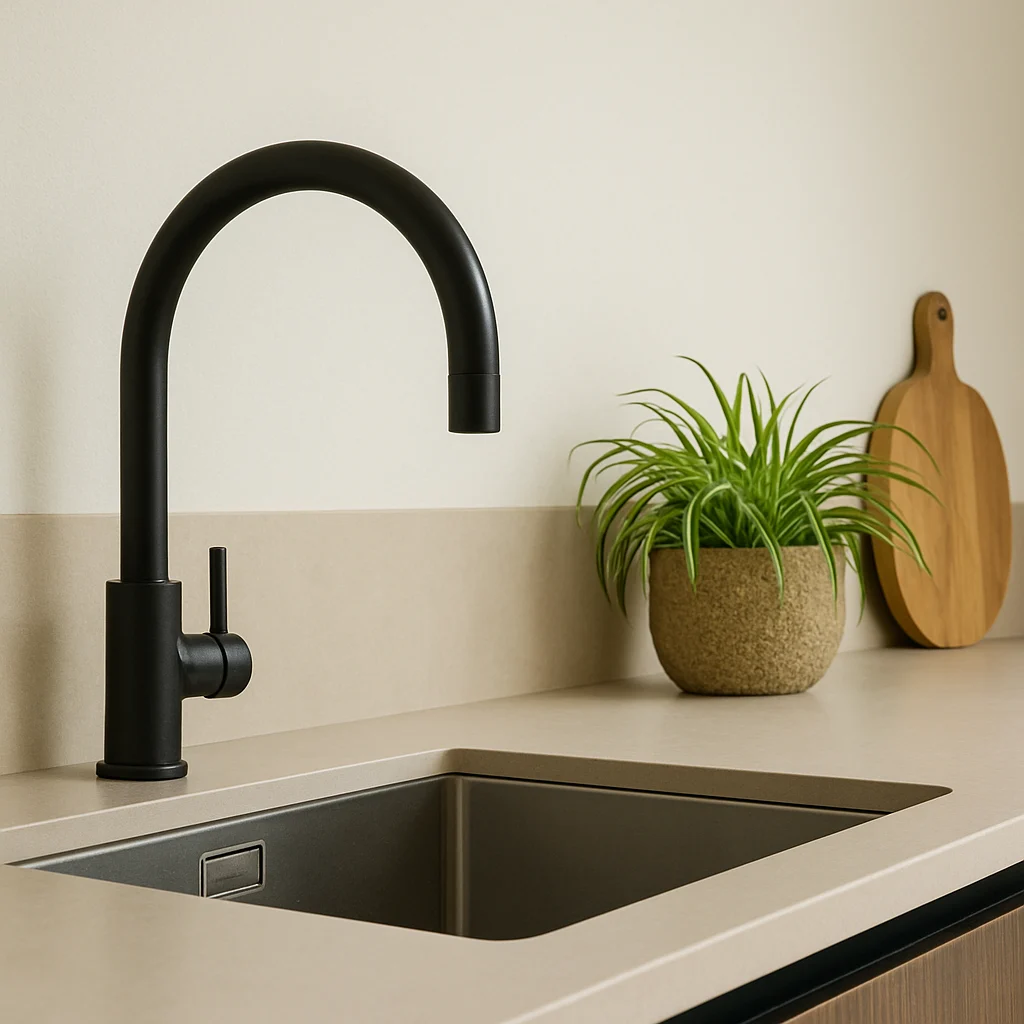 Moderne keuken met zwarte gebogen mengkraan, RVS spoelbak, lichte aanrechtgrond en groene planten