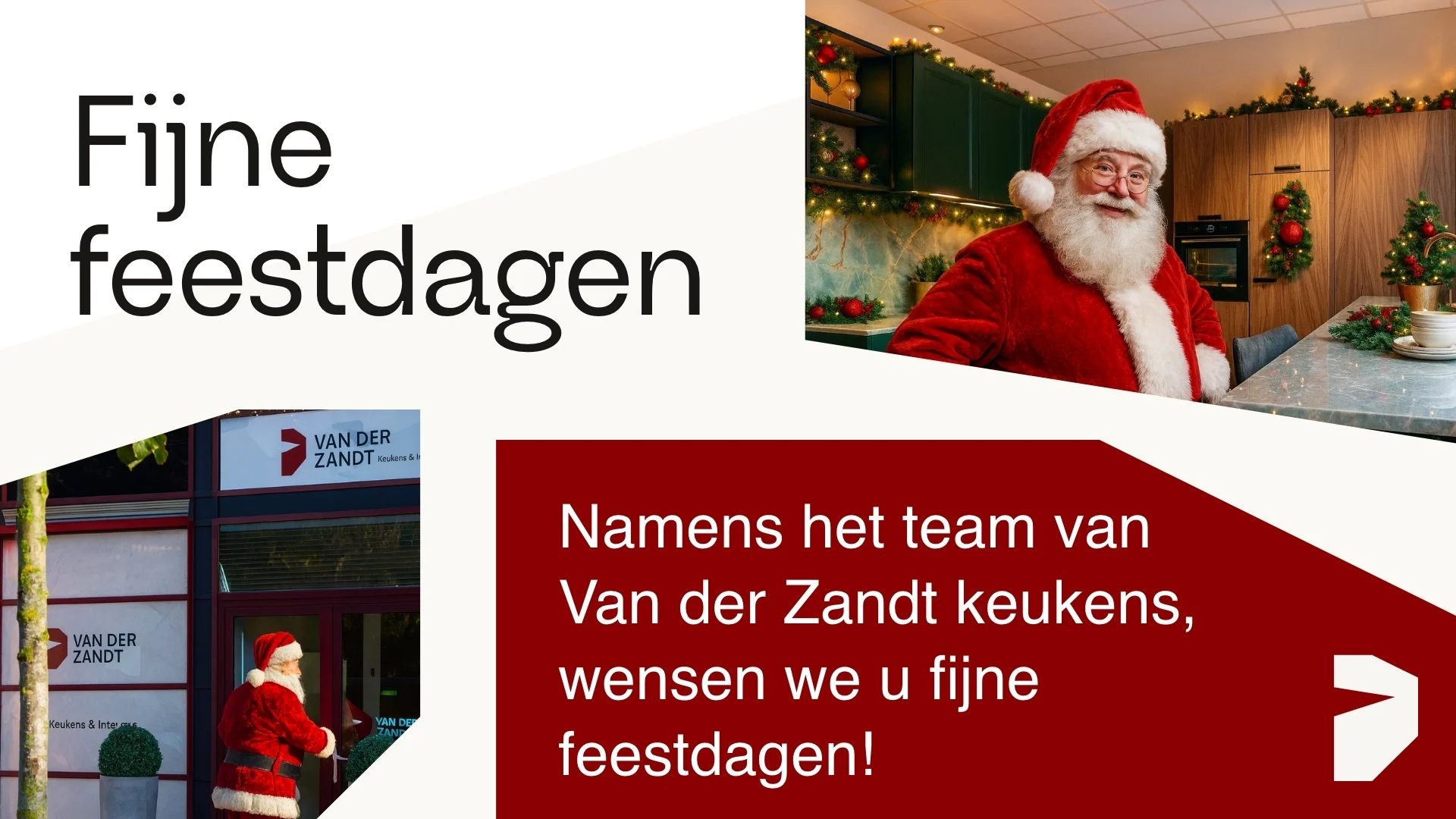 Man in kerstman kostuum staat in kerstversierde keuken naast Van der Zandt Keukens logo met feestdagentekst