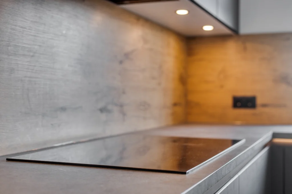 Moderne keuken met een gladde donkere kookplaat, lichtgrijze en houtachtige achterwand en ingebouwde spotjes